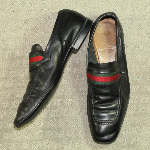 Gucci Men's Sz 6.5D/ Wm 8 Unisex Black Leather/Signature Stripe Dress Loafers - Picture 1 of 7